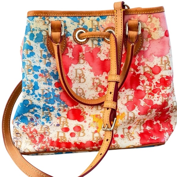 Dooney & Bourke splatter coated cotton vachetta leather trim,  Bucket Bag - Picture 3 of 13